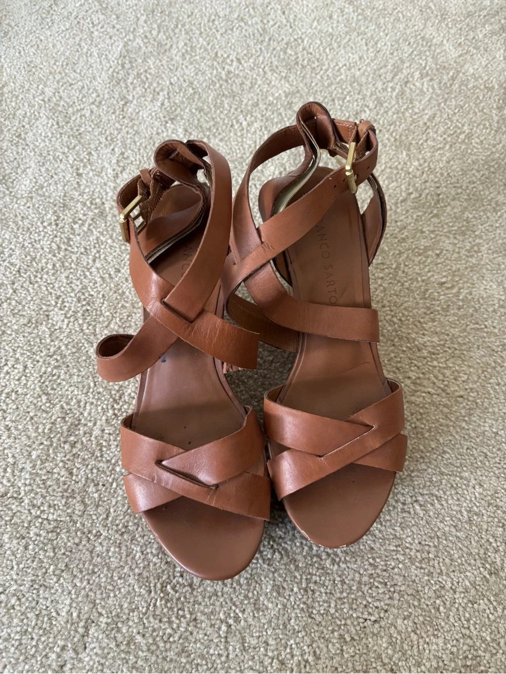 Franco Sarto Cognac Brown Leather Crisscross Wedge Sandals